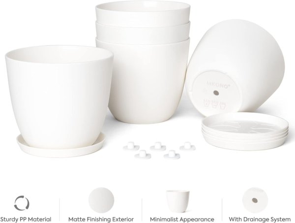 6.5" Plastic Planters with Saucers, Indoor Set of 5 Flower Plant Pots with Drainage for All House Plants, Herbs, Foliage Plant, and Seeding Nursery, Cream White - Image 5