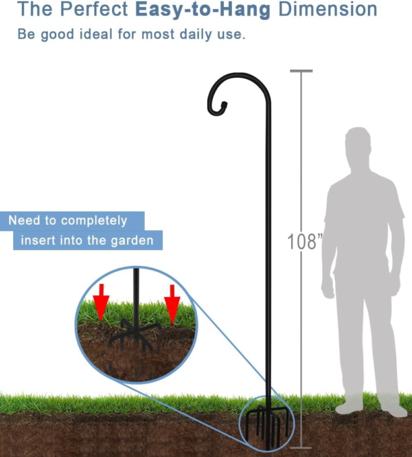 108 Inch Outdoor Shepherd Hook with 5 Prong Base (2 Packs), Adjustable Heavy Duty Garden Hanging Stake for Bird Feeder Solar Light Plant Hanger Wedding Decor, Matte Black - Image 6