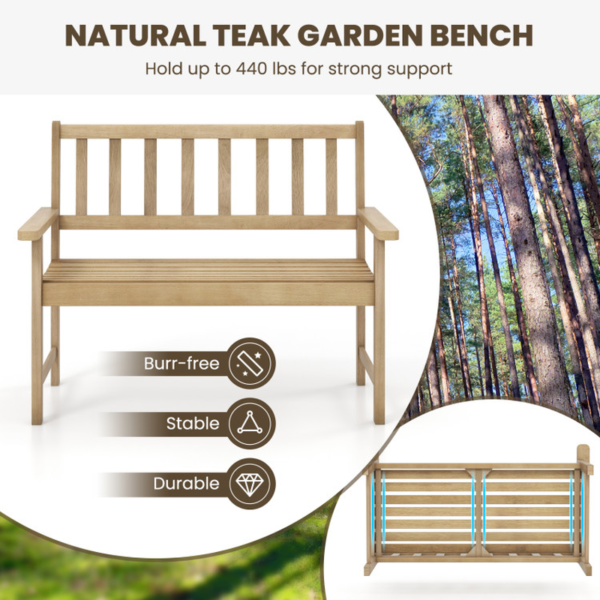 Outdoor Indonesia Teak Wood Garden Bench 2-Person with Backrest and Armrests - Image 7
