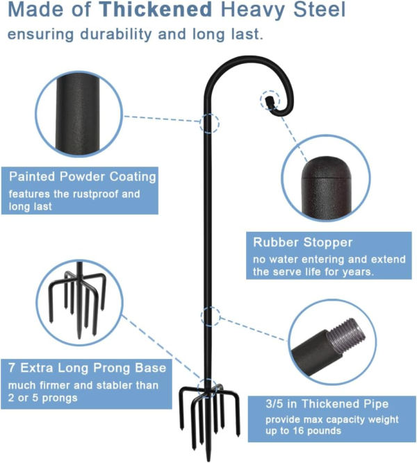 108 Inch Outdoor Shepherd Hook with 5 Prong Base (2 Packs), Adjustable Heavy Duty Garden Hanging Stake for Bird Feeder Solar Light Plant Hanger Wedding Decor, Matte Black - Image 2