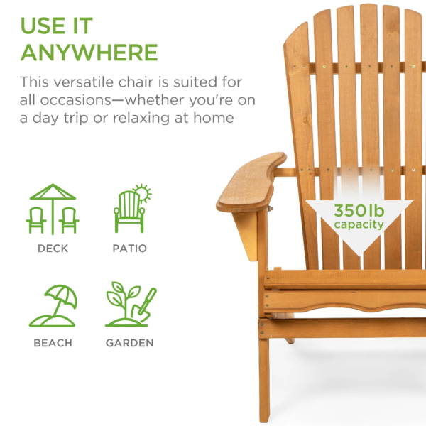 Folding Adirondack Chair Outdoor, Wooden Accent Lounge Furniture W/ 350Lb Capacity - Natural - Image 3
