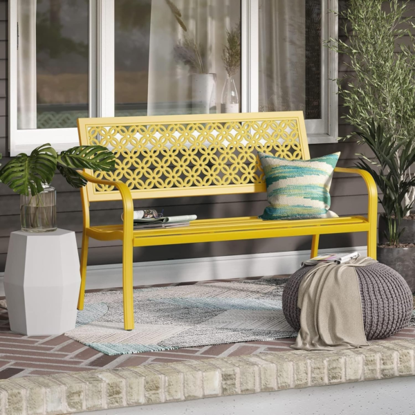 Outdoor Bench, Garden Benches with Anti-Rust Metal Powder Coated Frame, Patio Bench for Front Porch Park outside Furniture Decor, Sunflower Yellow - Image 6