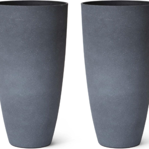 Set of 2 Tall Planters with Trays, 20 Inch Indoor/Outdoor Tall Planters,Large Grey Flower Pots,Tree Planters for Front Door,Patio and Deck