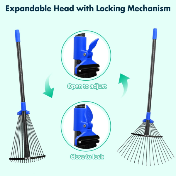 Garden Leaf Rake with Expandable Head from 9.5 Inch to 17 Inch, Collapsible Lawn - Image 5