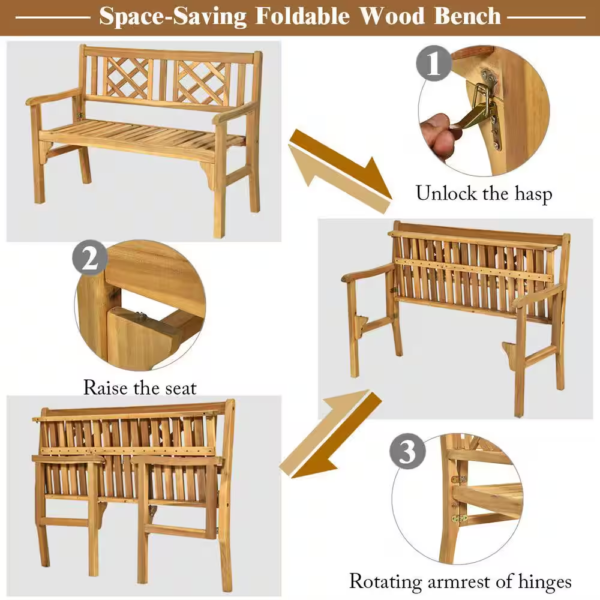 3-Person Acacia Wood Outdoor Bench Folding Armrest - Image 5