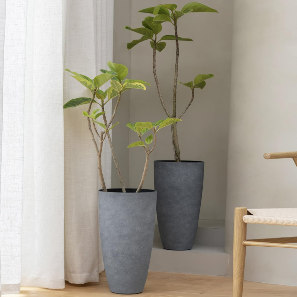 Set of 2 Tall Planters with Trays, 20 Inch Indoor/Outdoor Tall Planters,Large Grey Flower Pots,Tree Planters for Front Door,Patio and Deck - Image 3