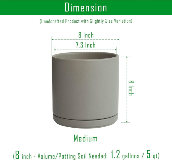8 Inch Ceramic Planter Pot with Drainage Hole and Saucer, Indoor Cylinder round Planter Pot, Grey, 94-O-D-3 - Image 3