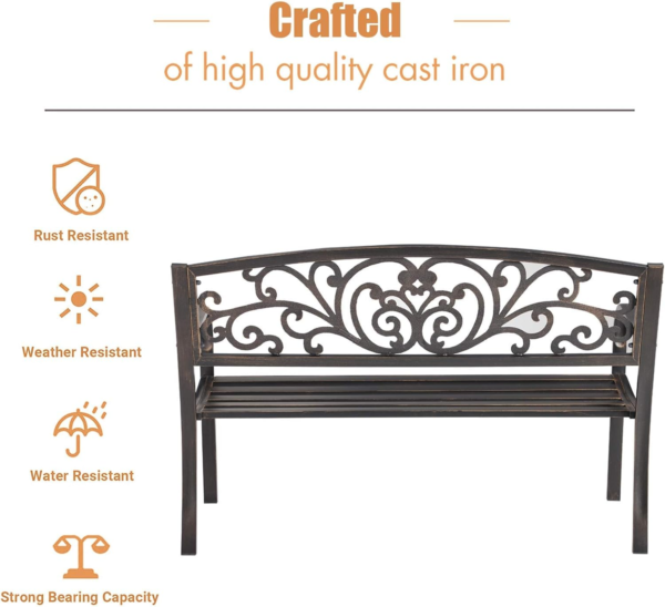 Patio Garden Bench Outdoor Metal Bench Park Yard Furniture Cast Iron Loveseats with Armrests for Porch Backyard Lawn Deck - Image 3