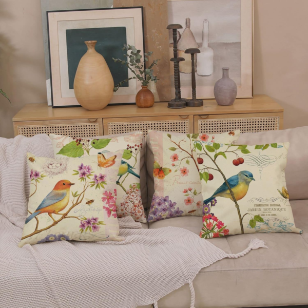 Spring Outdoor Bird Flower Decorative Throw Pillow Covers Both Sides Hummingbird Print Design Linen 16X16 Set of 4 with Zipper for Patio Home Couch Sofa Bedroom Decor - Image 3