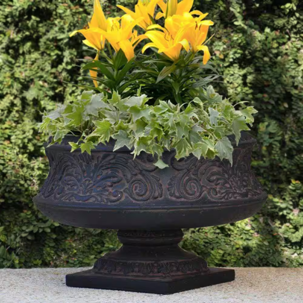 16-1/4 In. X 10-3/4 In. Cast Stone Fiberglass Ornate Low Urn in Aged Charcoal - Image 2