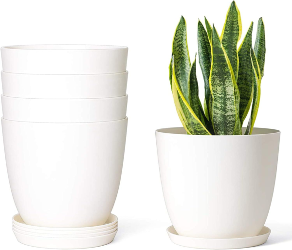 6.5" Plastic Planters with Saucers, Indoor Set of 5 Flower Plant Pots with Drainage for All House Plants, Herbs, Foliage Plant, and Seeding Nursery, Cream White