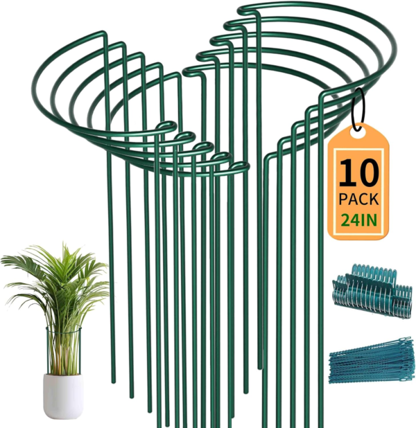 10 Pack Garden Supports for Plants Metal 10" Wide X 24" High Interlock Half round Garden Plant Support Ring Border Support Plant Support Ring Cage for Rose Flowers Vine Tomato