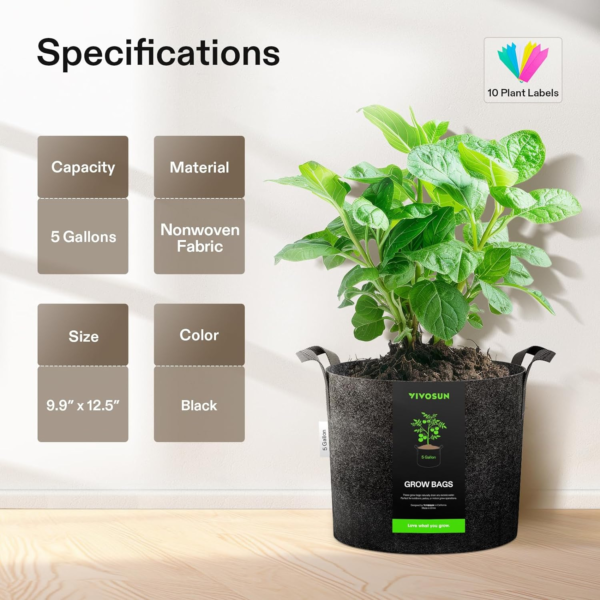5-Pack 5 Gallon Grow Bags Heavy Duty 300G Thickened Nonwoven Plant Fabric Pots with Handles - Image 6