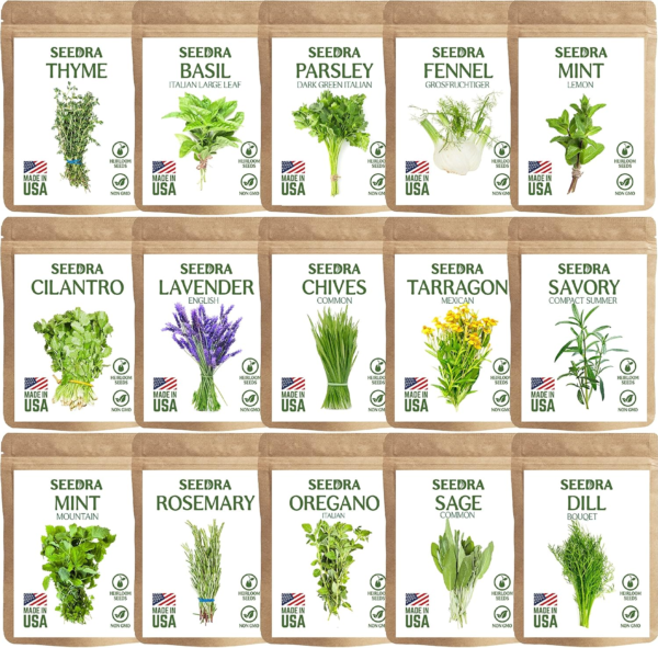 15 Herb Seeds Variety Pack - 4500+ Non-Gmo Heirloom Seeds for Planting Hydroponic Indoor or Outdoor Home Garden - Lavender, Parsley, Cilantro, Basil, Thyme, Mint, Rosemary, Dill & More