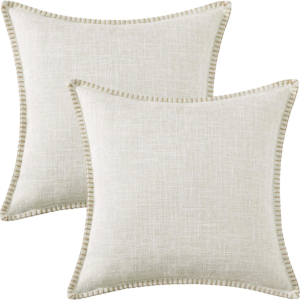 Spring Decorative Outdoor Throw Pillow Covers 18X18 Set of 2, Square Linen Rustic Farmhouse Pillow Covers with Stitched Edge for Couch, Sofa, Living Room, Beige