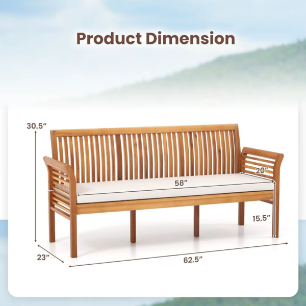 62.5’’ Outdoor Bench Acacia Wood - 3-Person Patio Bench W/Backrest, Armrests & Removable Seat Cushion, Slatted Wooden Garden - Image 3