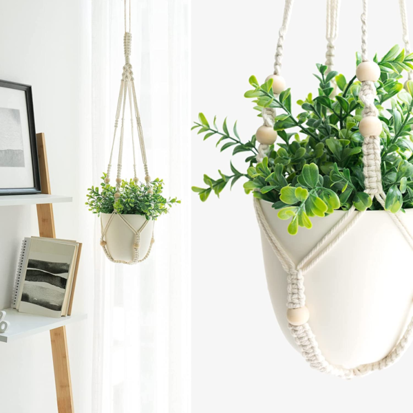 3 Pack Macrame Plant Hangers with Pots, 35"/29"/23" Indoor Different Size Hanging Planter Basket Flower Pot Holder with Saucers & Hooks No Tassels (Plastic Pots Included), Medium, Ivory - Image 4