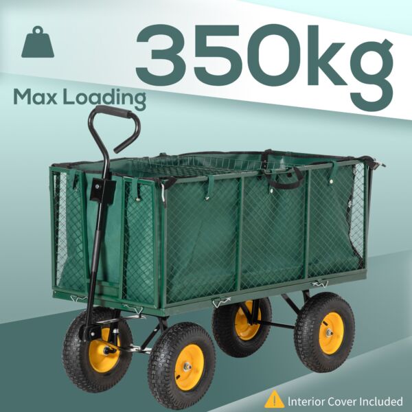 Large 4 Wheel Heavy Duty Garden Trolley Cart Wheelbarrow with Handle and Metal Frame - Green - Image 4