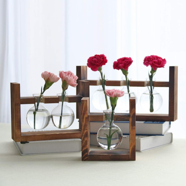 Plant Propagation Station Glass Terrarium Planter Flower Vase with Retro Solid Wooden Stand for Home Kitchen Indoor Garden Wedding Desktop Decor, 3 Bulb Vase - Image 8