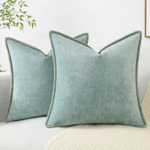 Chenille Soft Throw Pillow Covers 24X24 Set of 2, Farmhouse Velvet Decorative Pillow Covers with Stitched Edge for Couch Sofa Bed, Aqua Haze