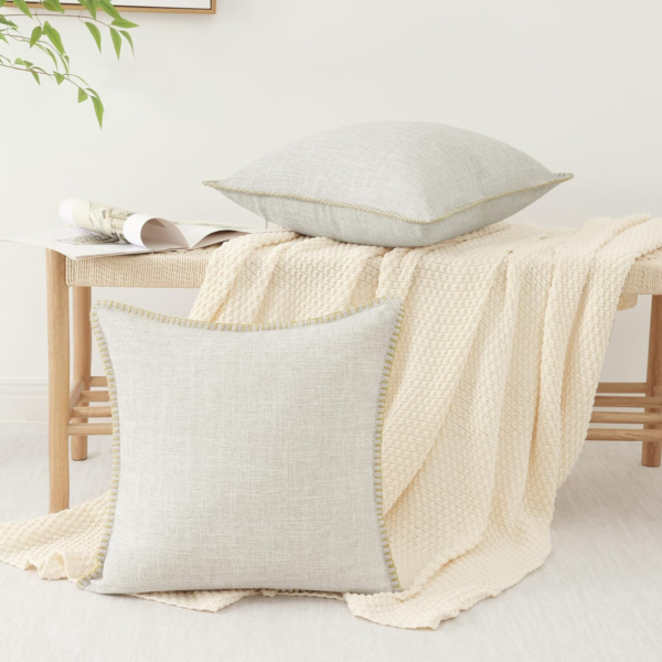 Spring Decorative Outdoor Throw Pillow Covers 18X18 Set of 2, Square Linen Rustic Farmhouse Pillow Covers with Stitched Edge for Couch, Sofa, Living Room, Beige - Image 2