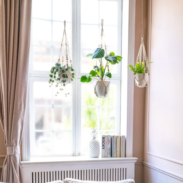 3 Pack Macrame Plant Hangers with Pots, 35"/29"/23" Indoor Different Size Hanging Planter Basket Flower Pot Holder with Saucers & Hooks No Tassels (Plastic Pots Included), Medium, Ivory - Image 2