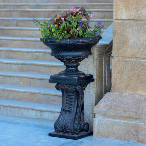 17 In. H Charcoal Cast Stone Fiberglass Low Urn - Image 2
