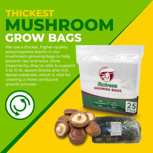 Reinforced Mushroom Grow Bags, 25 Count, Oyster Spawn and Grain Root Substrate Growing Kit with 0.2 Micron Filter”, Heavy Duty 3 Mil Polypropylene Plastic - Image 3