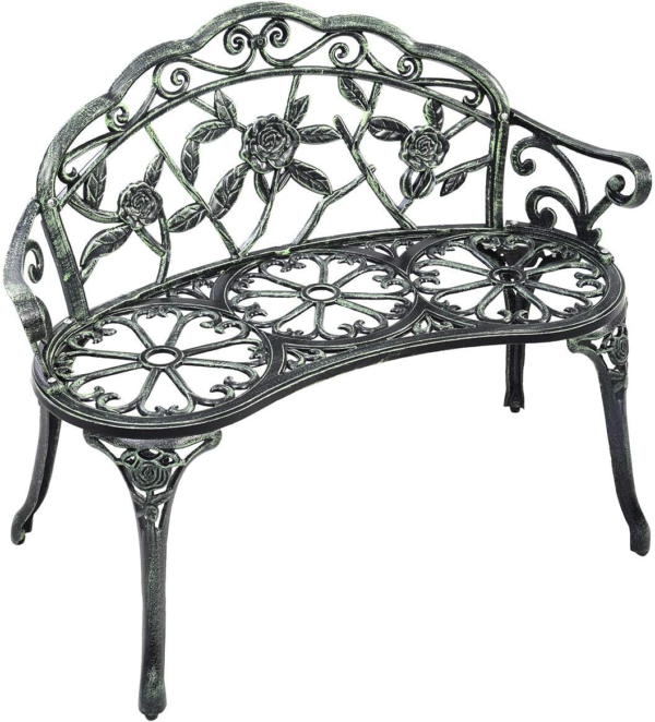 Outdoor Garden Bench Iron Patio Benches for Outdoors, Porch Bench Chair with Curved Legs Cast Aluminum Rose Antique Style, Green