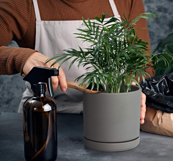 8 Inch Ceramic Planter Pot with Drainage Hole and Saucer, Indoor Cylinder round Planter Pot, Grey, 94-O-D-3 - Image 7