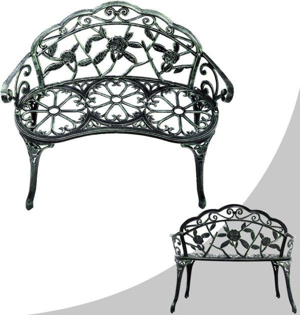 Outdoor Garden Bench Iron Patio Benches for Outdoors, Porch Bench Chair with Curved Legs Cast Aluminum Rose Antique Style, Green - Image 7