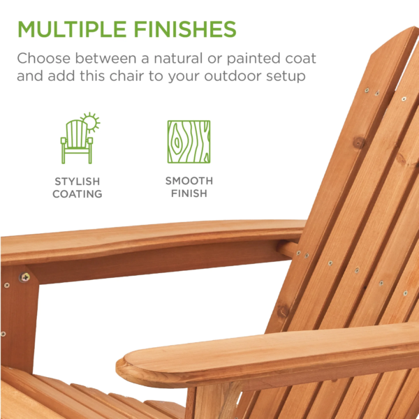 Folding Adirondack Chair Outdoor, Wooden Accent Lounge Furniture W/ 350Lb Capacity - Natural - Image 6