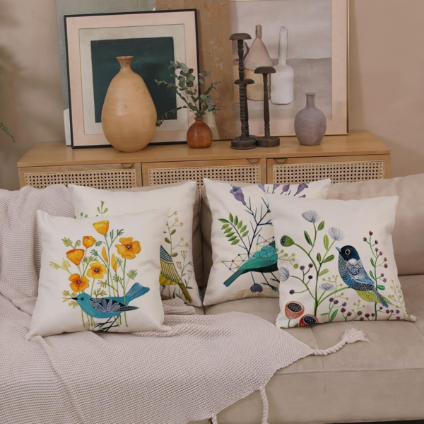 Bird Decorative Pillow Covers Spring Style Throw Pillow Cover Cushion Case Outdoor Flower Bird Set for Sofa Bed Couch Car Office 16X16 Inch Set of 4 - Image 3