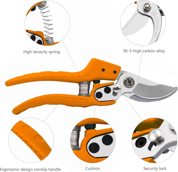 Professional Sharp Pruners, Garden Pruners, Tree Trimmers Secateurs, Bypass Pruning Shears, Secateurs, Hand Pruner, Garden Shears, Gardening Shears Clippers for Plants (Orange Shears) - Image 3