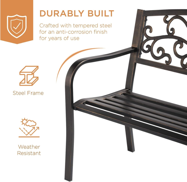 Patio Garden Bench Outdoor Metal Bench Park Yard Furniture Cast Iron Loveseats with Armrests for Porch Backyard Lawn Deck - Image 4