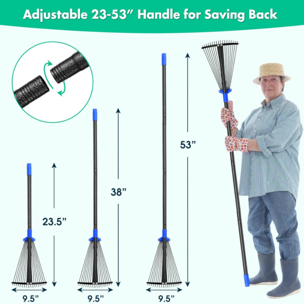 Garden Leaf Rake with Expandable Head from 9.5 Inch to 17 Inch, Collapsible Lawn - Image 4
