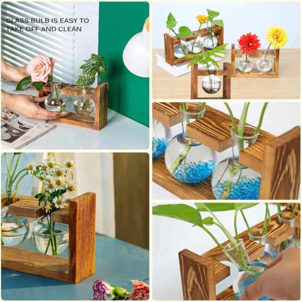 Plant Propagation Station Glass Terrarium Planter Flower Vase with Retro Solid Wooden Stand for Home Kitchen Indoor Garden Wedding Desktop Decor, 3 Bulb Vase - Image 3