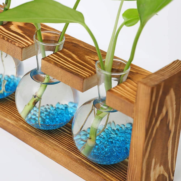 Plant Propagation Station Glass Terrarium Planter Flower Vase with Retro Solid Wooden Stand for Home Kitchen Indoor Garden Wedding Desktop Decor, 3 Bulb Vase - Image 7