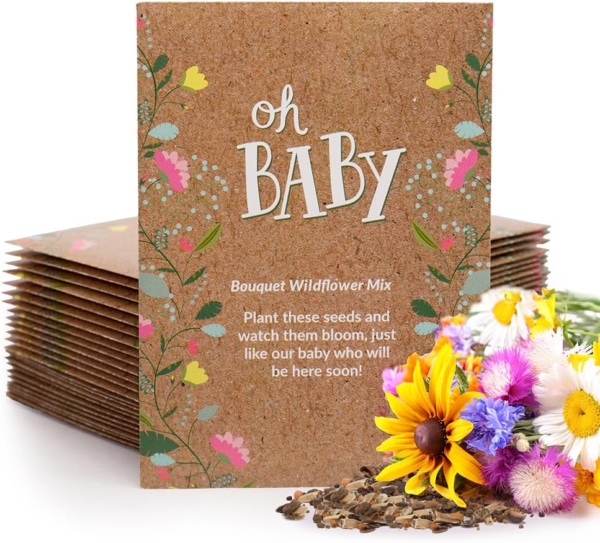 Oh Baby Flower Seeds Packets - Girl/Boy Baby Shower Favors - Pre-Filled, 25 Wildflower Seed Packs for Favor - Eco-Friendly Gift & Babys Guest Giveaways - Non-Gmo Seeds - Brown Envelop