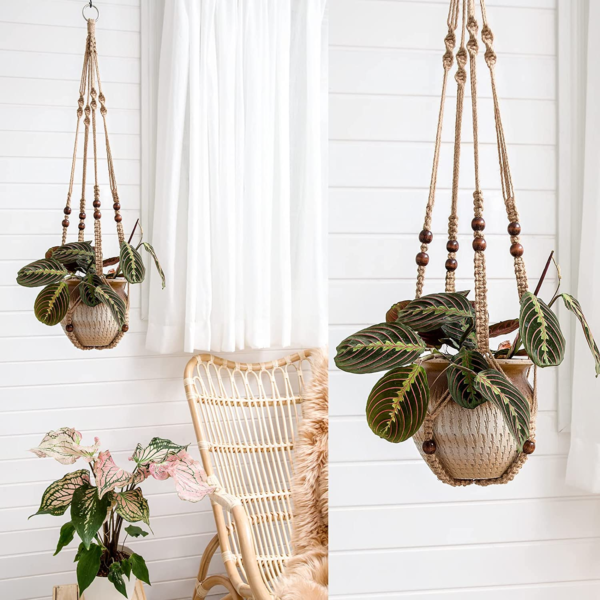 Macrame Plant Hanger Indoor Jute Hanging Planter Basket with Wood Beads Decorative Flower Pot Holder No Tassels for Indoor Outdoor Boho Home Decor 35 Inch, Brown, Set of 1 (POTS NOT Included) - Image 2