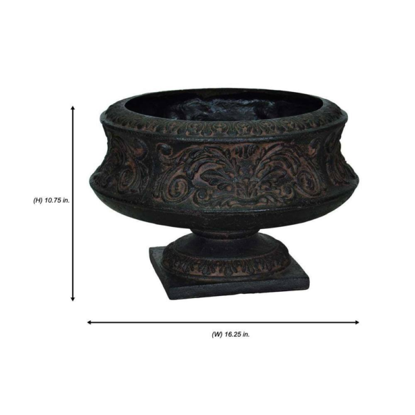 16-1/4 In. X 10-3/4 In. Cast Stone Fiberglass Ornate Low Urn in Aged Charcoal - Image 3