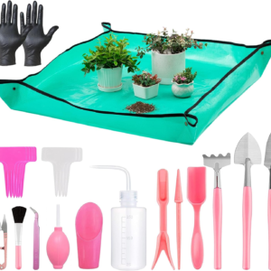 25Pcs Mini Garden Hand Transplanting Succulent Tools Set, 39.4" Thickened Repotting Mat & Plant Tag, Miniature Planting Indoor Fairy Care, Potting, Cactus, Houseplant Bonsai Tool Kit (Pink)