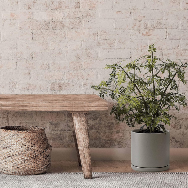 8 Inch Ceramic Planter Pot with Drainage Hole and Saucer, Indoor Cylinder round Planter Pot, Grey, 94-O-D-3 - Image 6