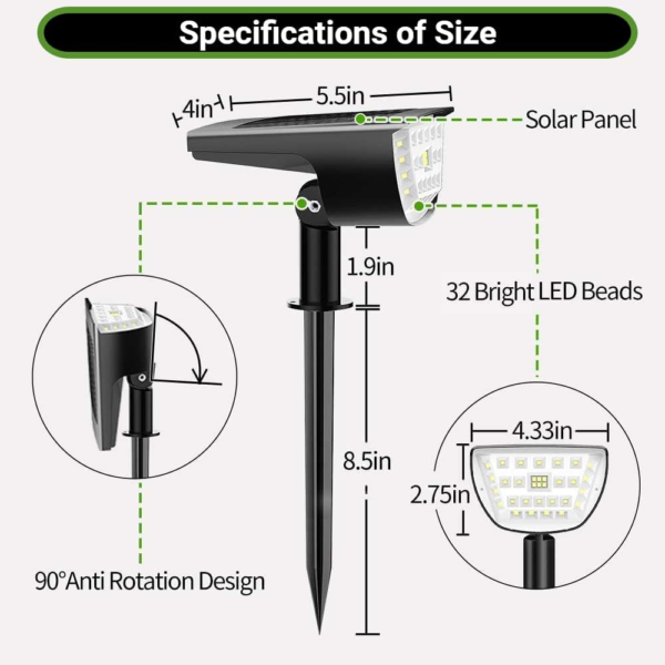 32 LED Solar Spotlights Outdoor Waterproof, 3 Modes Solar Landscape Lights, Outdoor Solar Powered Spot Lights for Yard Garden Driveway Porch Walkway Trees Patio- Cold White(6 Pack) - Image 7