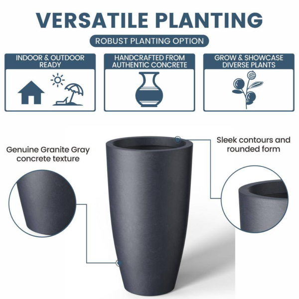 13.5 In. Large Granite Gray Concrete round Planter / Pot with Drainage Holes - Image 6