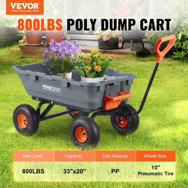 VEVOR Garden Cart Utility Barrow Carts 800Lbs Load Durable Dump Carts Versatile Dump Wagon with Steel Frame&Dual-Function Handl - Image 3