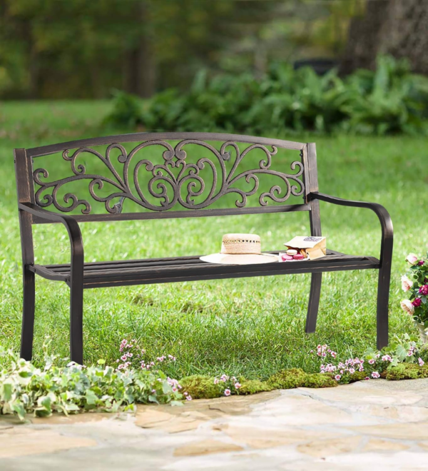 Patio Garden Bench Outdoor Metal Bench Park Yard Furniture Cast Iron Loveseats with Armrests for Porch Backyard Lawn Deck
