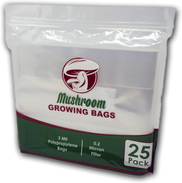 Reinforced Mushroom Grow Bags, 25 Count, Oyster Spawn and Grain Root Substrate Growing Kit with 0.2 Micron Filter”, Heavy Duty 3 Mil Polypropylene Plastic