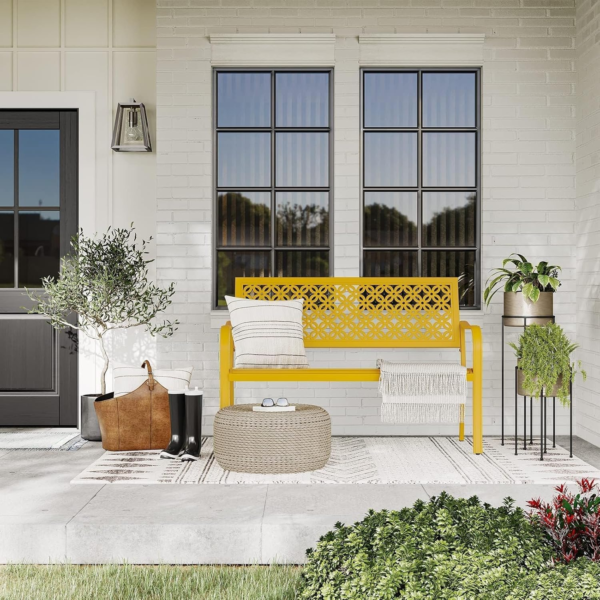 Outdoor Bench, Garden Benches with Anti-Rust Metal Powder Coated Frame, Patio Bench for Front Porch Park outside Furniture Decor, Sunflower Yellow - Image 2