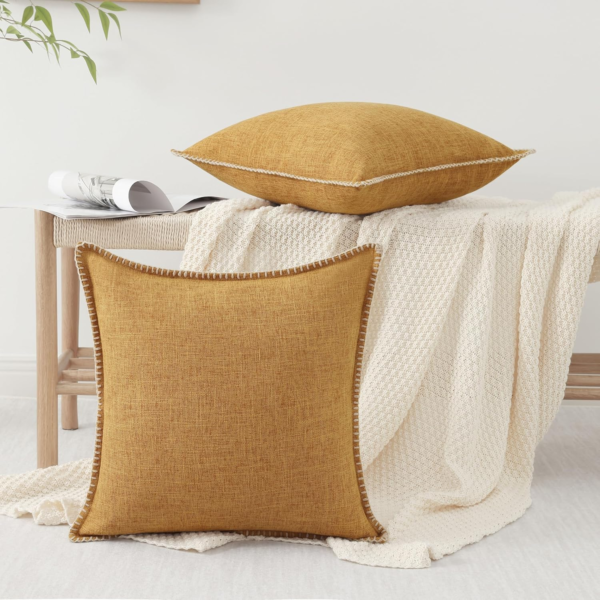 Decorative Outdoor Throw Pillow Covers 18X18 Set of 2, Square Linen Rustic Farmhouse Pillow Covers with Stitched Edge for Couch, Sofa, Living Room, Bronze Gold - Image 2